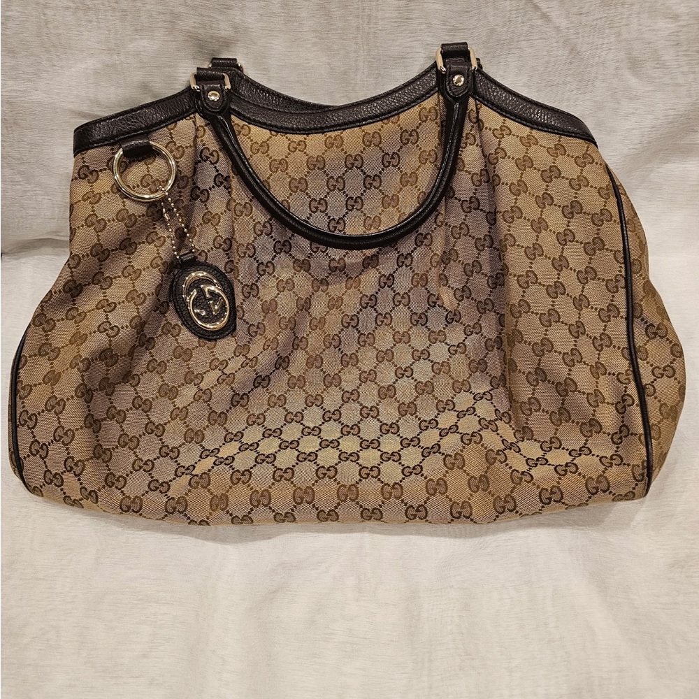 Gucci Tan GG Canvas Tote with Dark Brown Leather Trim
